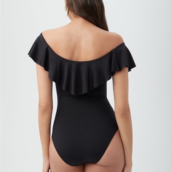 Trina Turk One Piece Swimsuit Monaco Off Shoulder Ruffle Fitted Black Size 10 - Picture 6 of 12